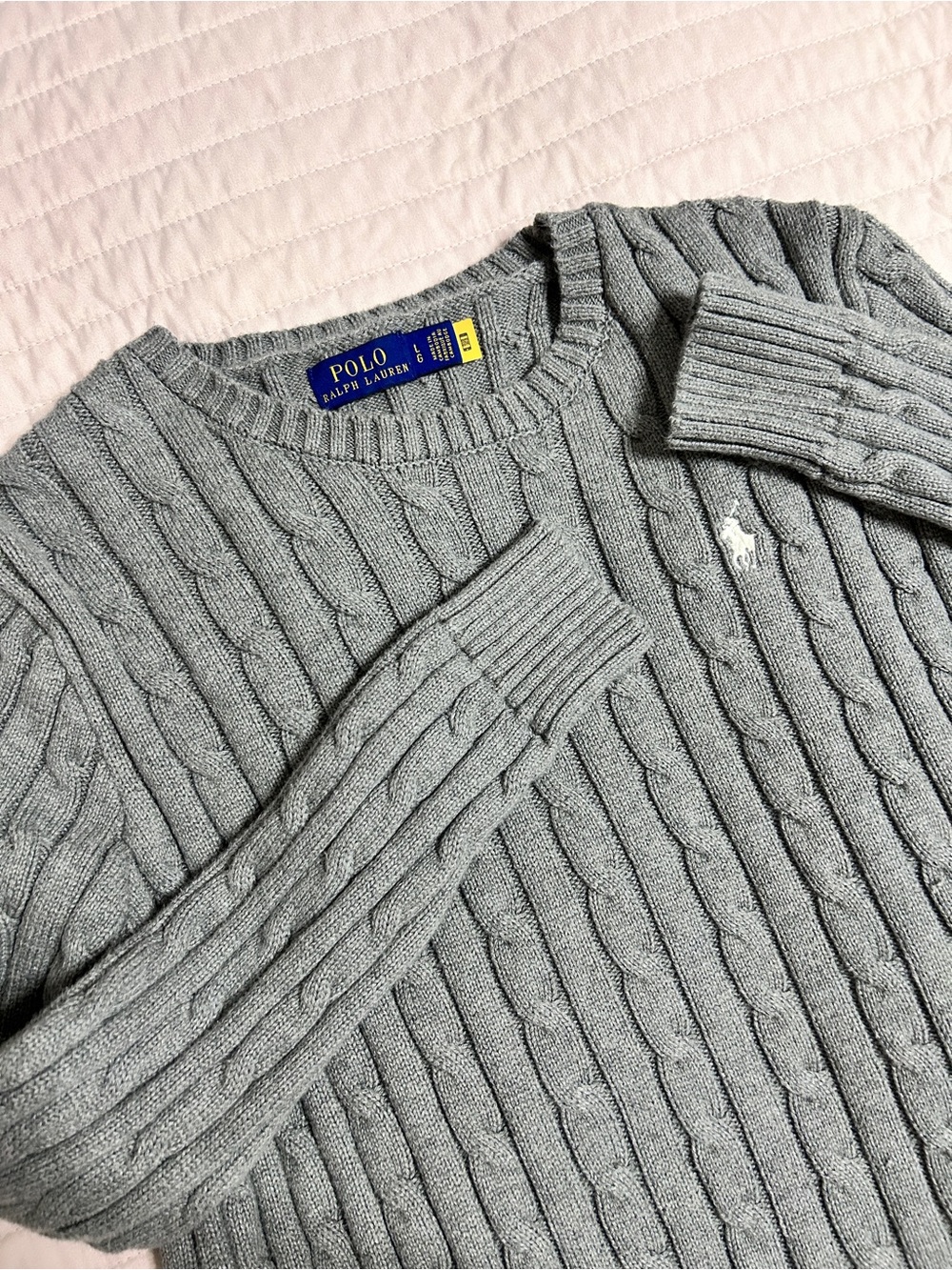 Polo Ralph Lauren Women’s Grey Cable Knit Cotton Sweater Large Pony Fisherman